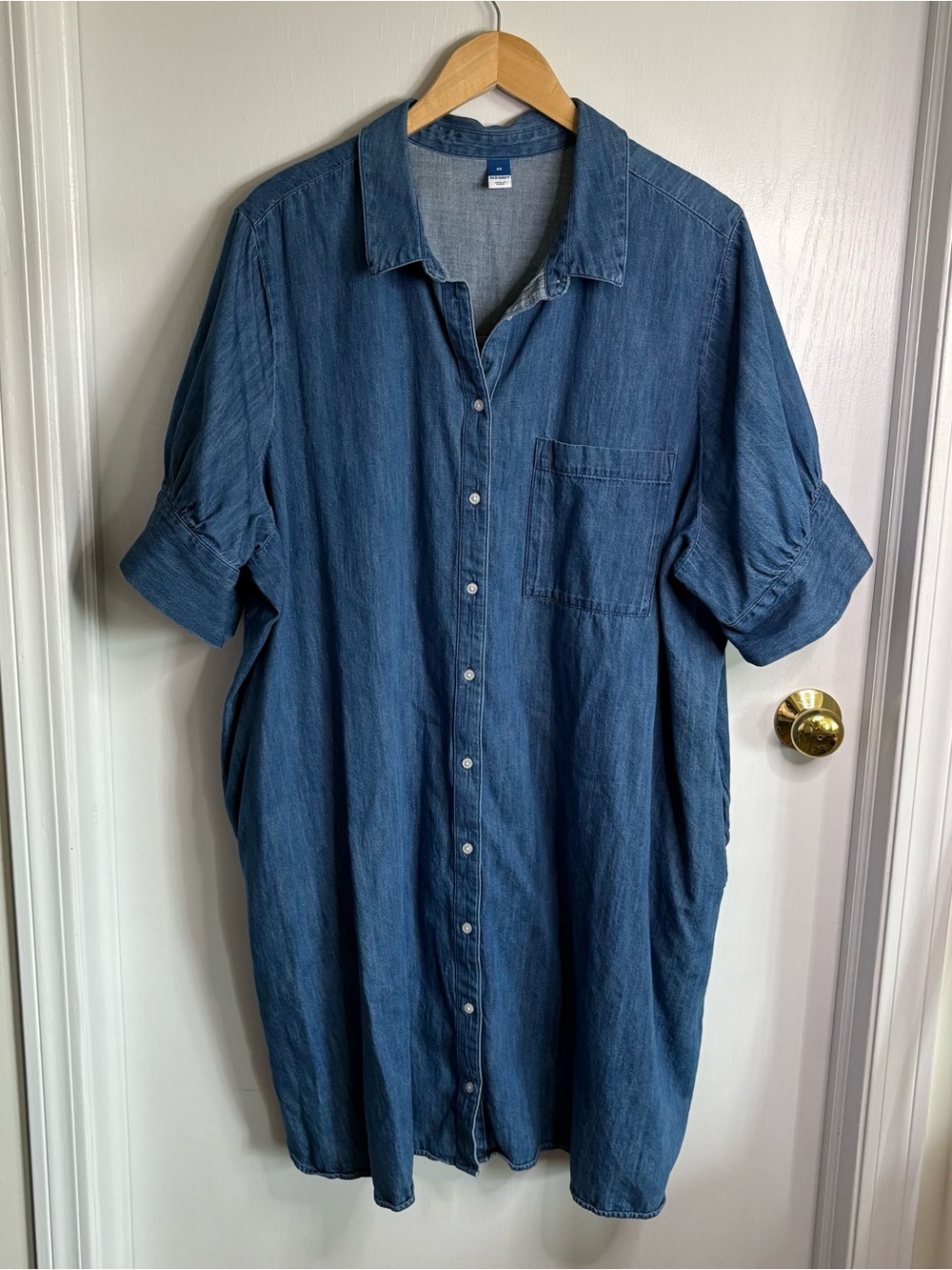 Denim Shirt Dress 3X Knee Length Shirttail Hem Short Puff Sleeve Pockets Classic